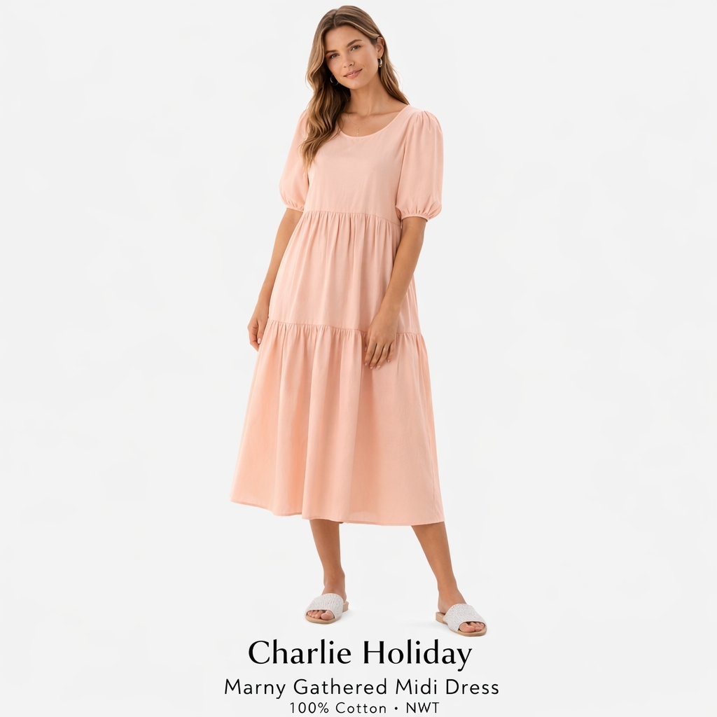Charlie Holiday Marny Gathered Midi Dress Blush Pink Size 8 Us | 100% Cotton